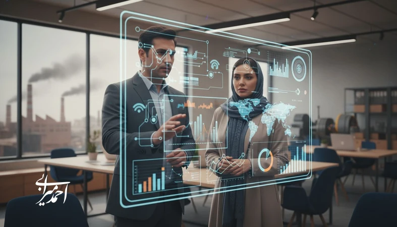 تصویر مفهومی از کاربردهای هوش مصنوعی در کسب‌وکار برای اتوماسیون هوشمند و تصمیم‌سازی مبتنی بر داده در عملیات