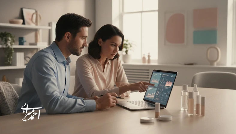 جلسه مدیریتی برند آرایشی با داشبورد تحلیل رفتار مشتری و شخصی‌سازی محصولات با هوش مصنوعی