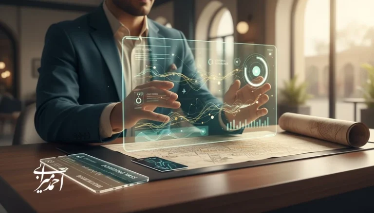 تصویر مفهومی از هوش مصنوعی در گردشگری برای کاهش هزینه و بهبود تجربه سفر با داشبورد تحلیل و برنامه سفر