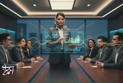 تصویر مفهومی مدیریت ریسک سرمایه‌گذاری هوش مصنوعی با نمودار بازده و ماتریس ریسک در جلسه تصمیم‌گیری مدیریتی