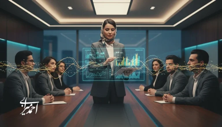 تصویر مفهومی مدیریت ریسک سرمایه‌گذاری هوش مصنوعی با نمودار بازده و ماتریس ریسک در جلسه تصمیم‌گیری مدیریتی