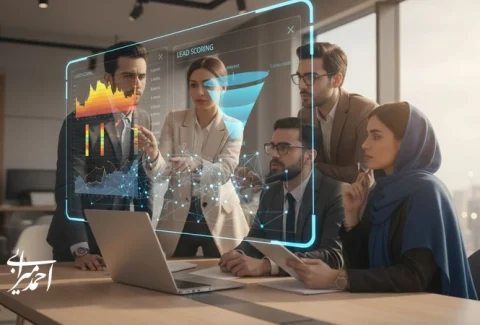 تیم فروش در حال تحلیل Lead Scoring و مشتری یابی هوشمند با هوش مصنوعی برای تشخیص لیدهای باکیفیت