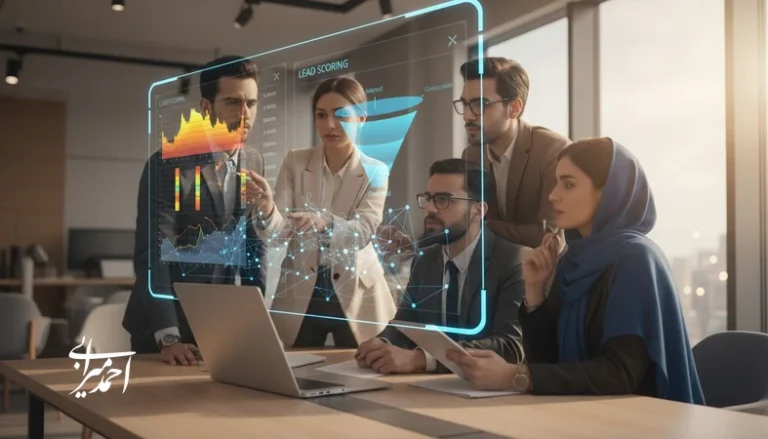 تیم فروش در حال تحلیل Lead Scoring و مشتری یابی هوشمند با هوش مصنوعی برای تشخیص لیدهای باکیفیت