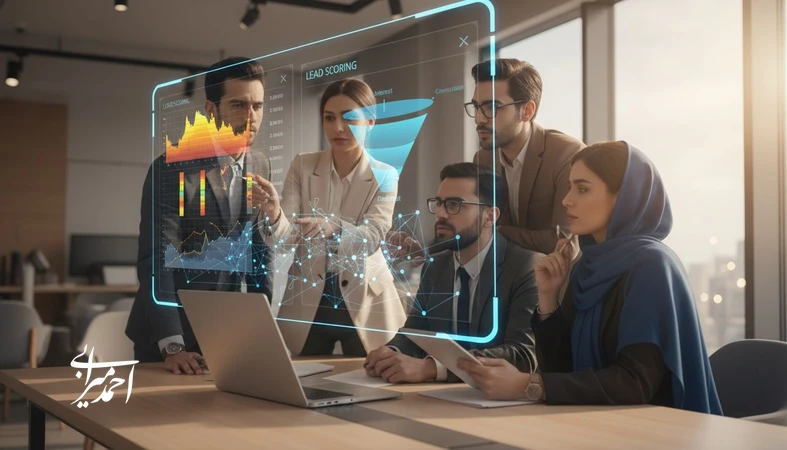تیم فروش در حال تحلیل Lead Scoring و مشتری یابی هوشمند با هوش مصنوعی برای تشخیص لیدهای باکیفیت