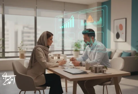 نمای مفهومی از هوش مصنوعی در دفتر املاک؛ تحلیل فایل ها، امتیازدهی مشتریان و کاهش ریسک قرارداد برای پول سازی