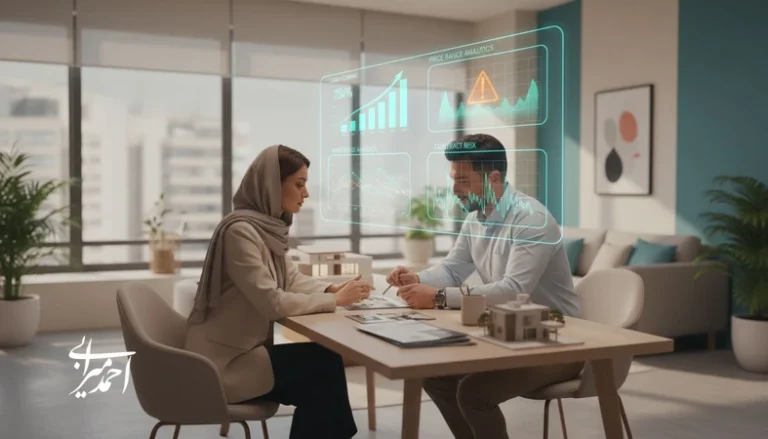 نمای مفهومی از هوش مصنوعی در دفتر املاک؛ تحلیل فایل ها، امتیازدهی مشتریان و کاهش ریسک قرارداد برای پول سازی