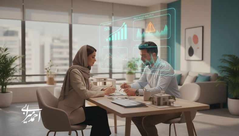 نمای مفهومی از هوش مصنوعی در دفتر املاک؛ تحلیل فایل ها، امتیازدهی مشتریان و کاهش ریسک قرارداد برای پول سازی
