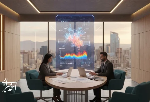 تصویر مفهومی از هوش مصنوعی در املاک برای پیش‌بینی قیمت ملک و افزایش بهره‌وری مشاوران با داشبورد تحلیلی و نقشه حرارتی