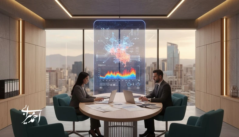 تصویر مفهومی از هوش مصنوعی در املاک برای پیش‌بینی قیمت ملک و افزایش بهره‌وری مشاوران با داشبورد تحلیلی و نقشه حرارتی