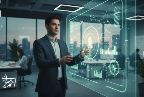 مدیر گردشگری در حال تحلیل داشبورد هوش مصنوعی برای شخصی‌سازی سفر و پیش‌بینی تقاضا در بازار گردشگری