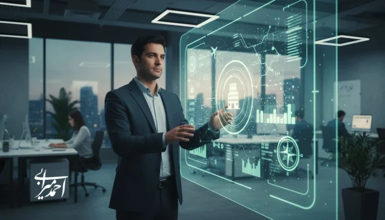 مدیر گردشگری در حال تحلیل داشبورد هوش مصنوعی برای شخصی‌سازی سفر و پیش‌بینی تقاضا در بازار گردشگری