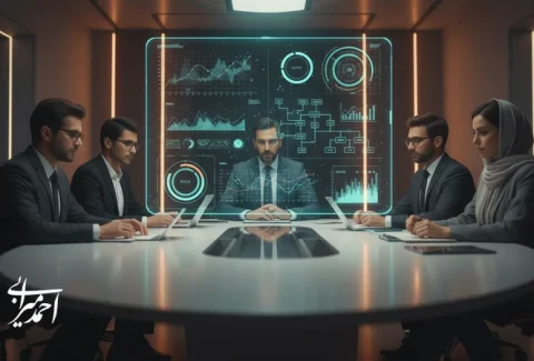 تصویر مفهومی از تحلیل ترندهای هوش مصنوعی برای سرمایهd‌گذاری و تصمیمd‌گیری کسبd‌وکار در جلسه مدیریتی