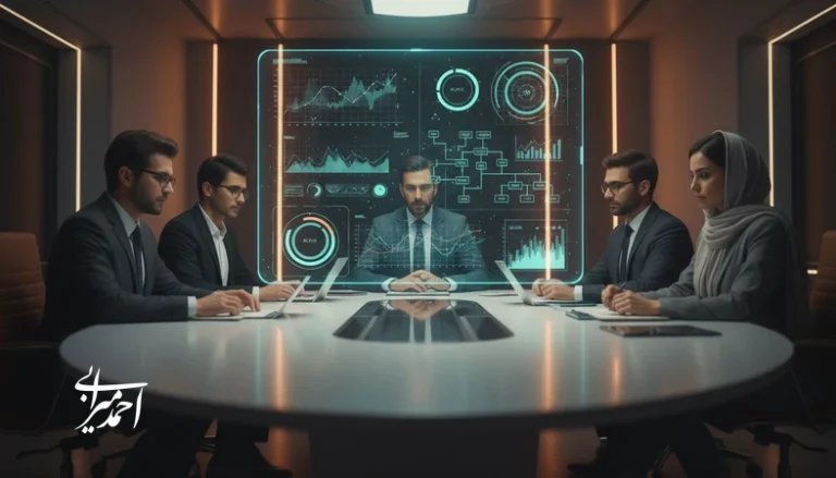 تصویر مفهومی از تحلیل ترندهای هوش مصنوعی برای سرمایهd‌گذاری و تصمیمd‌گیری کسبd‌وکار در جلسه مدیریتی