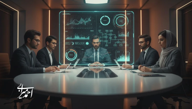تصویر مفهومی از تحلیل ترندهای هوش مصنوعی برای سرمایهd‌گذاری و تصمیمd‌گیری کسبd‌وکار در جلسه مدیریتی