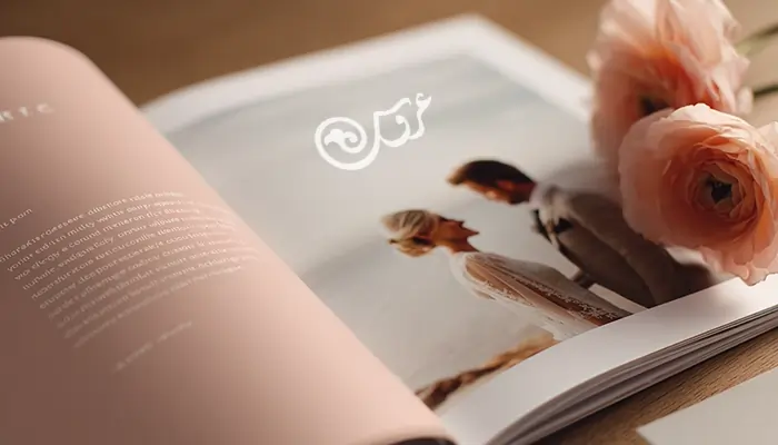 صفحهای از یک مجله عروسی با طراحی مینیمال و رنگهای ملایم، شامل عکس زوج در فضای رمانتیک و گلهای رز صورتی در کنار مجله.