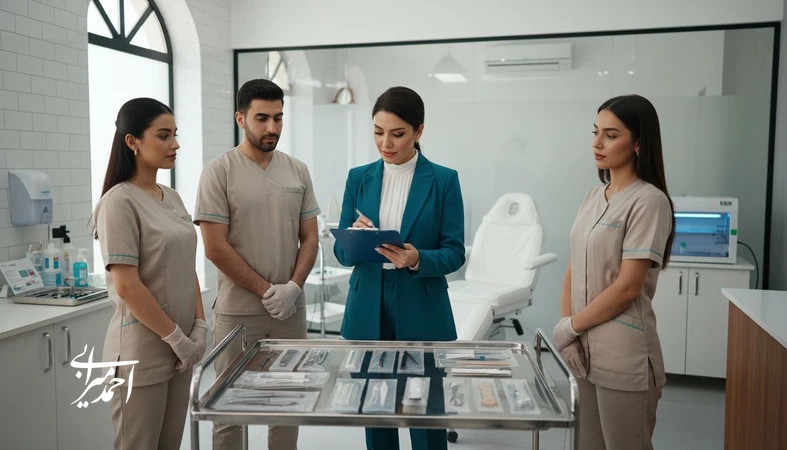 مدیر سالن زیبایی در حال بررسی چک‌لیست مدیریت ریسک و مسئولیت‌پذیری تیم برای کاهش خطاهای عملیاتی و اعتباری