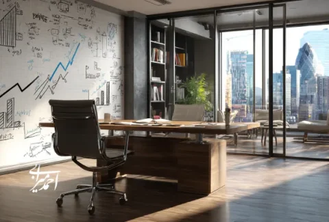 دفتر مدیریت مدرن با دیوار پر از نمودارهای رشد و استراتژی، نمادی از مفاهیم کتاب مقیاس‌پذیری برق‌آسا؛ فضایی الهام‌گرفته از مدل‌های رشد سریع و تصمیم‌گیری استراتژیک.