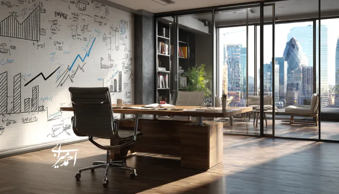 دفتر مدیریت مدرن با دیوار پر از نمودارهای رشد و استراتژی، نمادی از مفاهیم کتاب مقیاسپذیری برقآسا؛ فضایی الهامگرفته از مدلهای رشد سریع و تصمیمگیری استراتژیک.