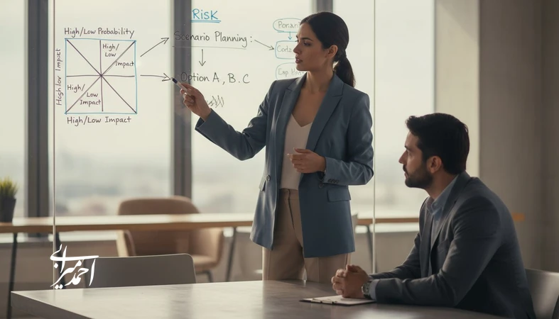 تصویر مفهومی از مشاور کسب وکار در حال تحلیل ماتریس ریسک و تصمیم گیری؛ مرتبط با مرز سلیقه و تخصص و علمی کردن زبان مشاوره
