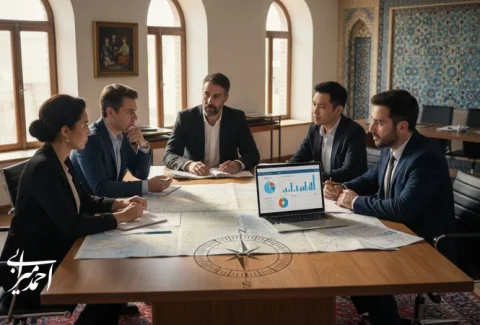 جلسه برنامه‌ریزی برای ساخت برند گردشگری متمایز با نقشه سفر و نمودارهای تحلیل جذب و وفادارسازی مسافران