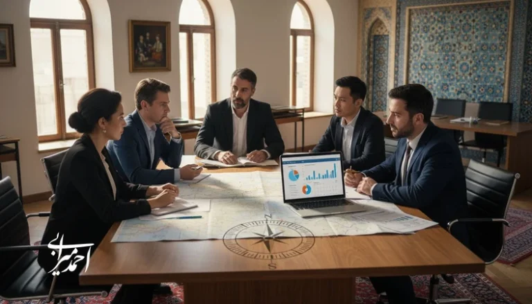 جلسه برنامه‌ریزی برای ساخت برند گردشگری متمایز با نقشه سفر و نمودارهای تحلیل جذب و وفادارسازی مسافران