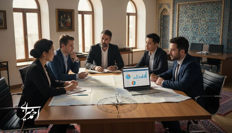 جلسه برنامه‌ریزی برای ساخت برند گردشگری متمایز با نقشه سفر و نمودارهای تحلیل جذب و وفادارسازی مسافران