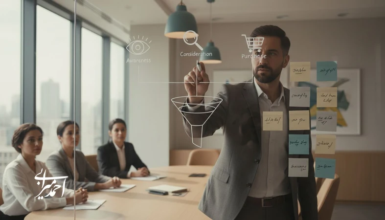 جلسه کاری و طراحی پیام تبلیغاتی واضح بر اساس نیت مشتری و مرحله تصمیم برای افزایش فروش