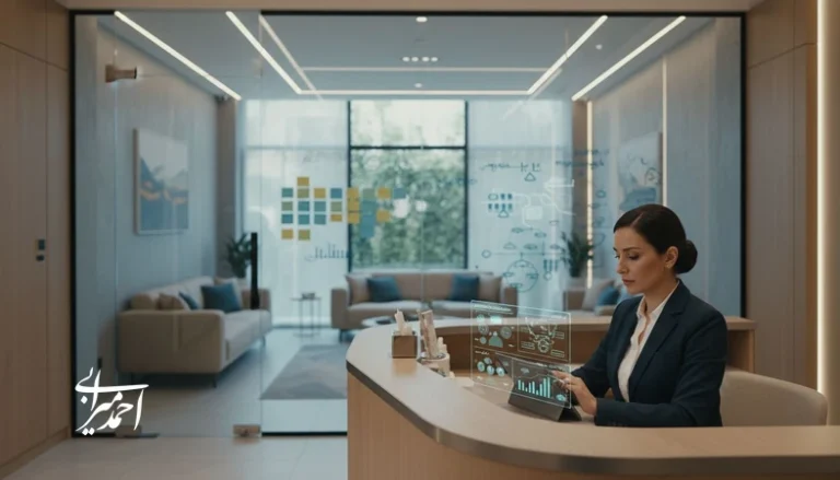 طراحی مسیر نگهداشت مراجع در کلینیک زیبایی؛ مدیر کلینیک در حال بررسی نقشه تجربه و تحلیل بازگشت مراجعه‌کنندگان