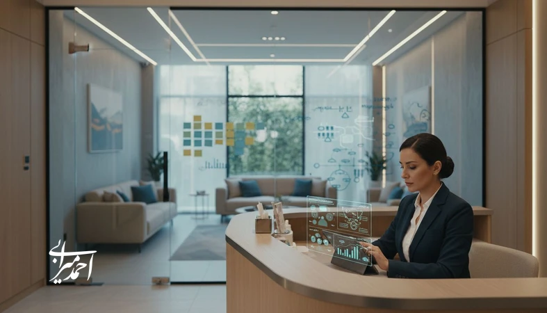 طراحی مسیر نگهداشت مراجع در کلینیک زیبایی؛ مدیر کلینیک در حال بررسی نقشه تجربه و تحلیل بازگشت مراجعه‌کنندگان