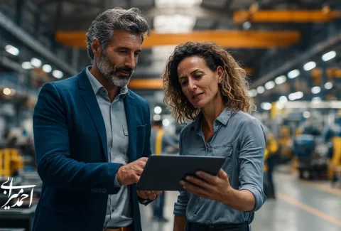 industrial coach and factory manager reviewing performance data on production floor, illustrating how coaching transforms leadership style and improves productivity in Iranian manufacturing