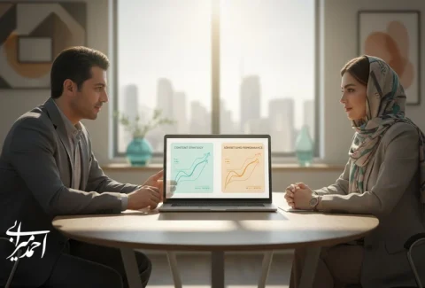 تصویر مفهومی از ترکیب محتوا و تبلیغات برای رشد پایدار کسب و کار؛ مدیران در حال بررسی داشبورد عملکرد و تصمیم گیری بازاریابی