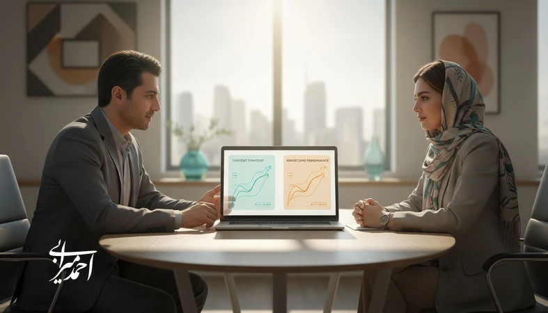 تصویر مفهومی از ترکیب محتوا و تبلیغات برای رشد پایدار کسب و کار؛ مدیران در حال بررسی داشبورد عملکرد و تصمیم گیری بازاریابی