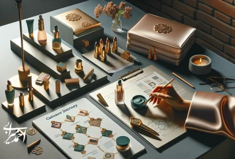 صحنه مفهومی برندسازی محصولات آرایشی در ایران با تمرکز بر تجربه برند، بسته‌بندی و وفاداری مشتری