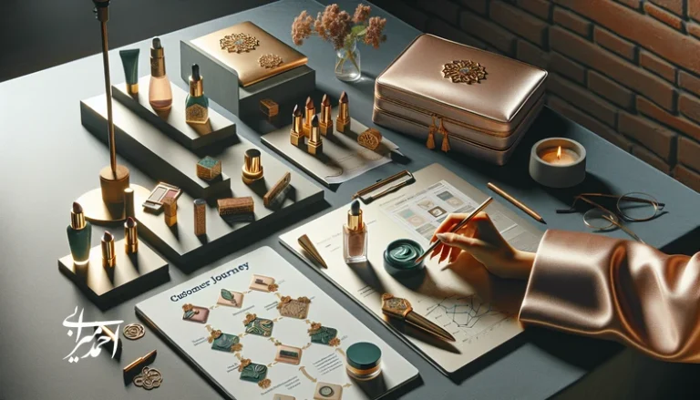 صحنه مفهومی برندسازی محصولات آرایشی در ایران با تمرکز بر تجربه برند، بسته‌بندی و وفاداری مشتری