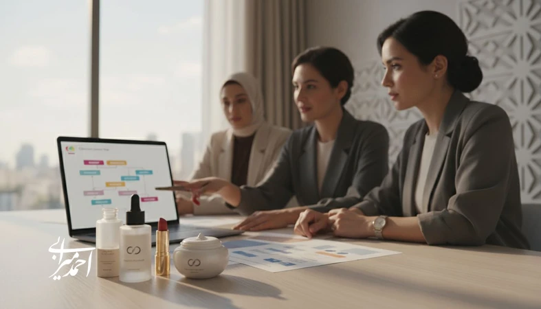 تصویر مفهومی از تحلیل ریزش مشتری و طراحی چرخه نگهداشت در محصولات آرایشی با نمودارهای تجربه مشتری و محصولات مراقبت پوست روی میز
