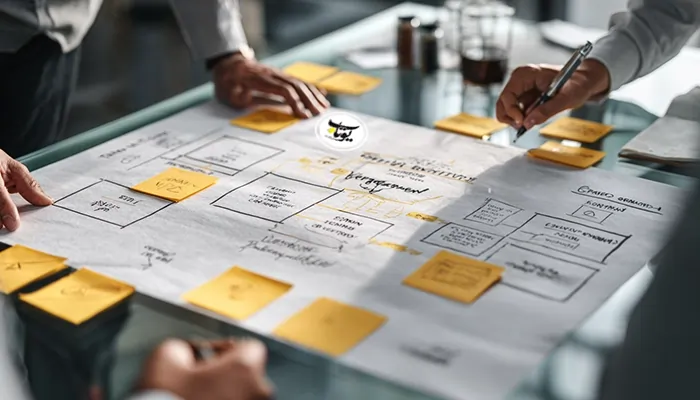 جلسه تیمی برای طراحی مسیر و استراتژی کسب‌وکار؛ دست‌ها روی نقشه/وایت‌بورد با یادداشت‌های چسبی و طرح‌های فرآیندی