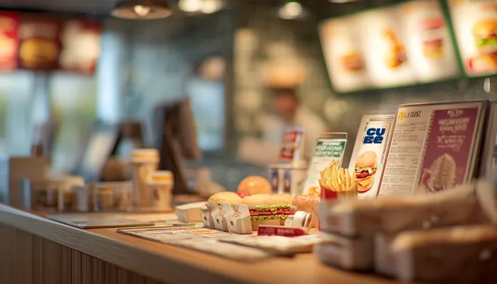 نمای نزدیک از کانتر یک فست‌فود با برگر و سیب‌زمینی، منوهای پشت پیشخوان و نور گرم فضای داخلی