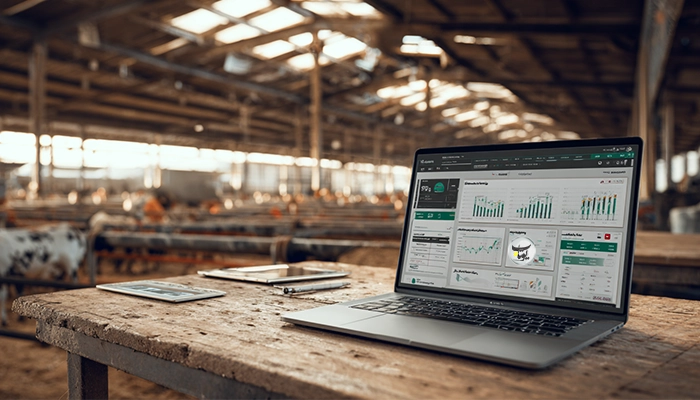 لپ‌تاپ روی میز چوبی در دامداری با داشبورد گزارش‌گیری و نمودارها؛ تحلیل عملکرد و بهره‌وری در دانش‌دانه