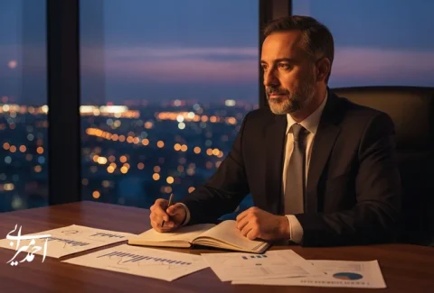 مدیر در حال بازنگری تصمیم‌های مدیریتی و تحلیل داده‌ها؛ تصویر مفهومی درباره درس‌آموخته‌های مدیریت و تصمیم‌گیری در کسب‌وکار