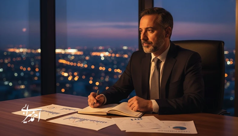 مدیر در حال بازنگری تصمیم‌های مدیریتی و تحلیل داده‌ها؛ تصویر مفهومی درباره درس‌آموخته‌های مدیریت و تصمیم‌گیری در کسب‌وکار