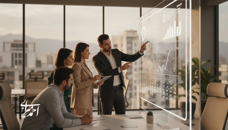 تصویر مفهومی از برندسازی املاک و اعتمادسازی مشتری با تحلیل داده و هوش مصنوعی در یک دفتر مشاور املاک حرفهای