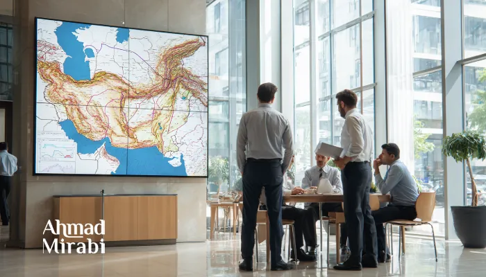 International business team reviewing Iran’s market and trade corridors on a large digital map during a strategic planning meeting.
