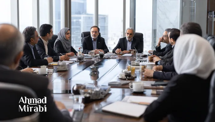 Senior Iranian executives and advisors in a high-level boardroom meeting discussing leadership, policy, and organizational strategy.