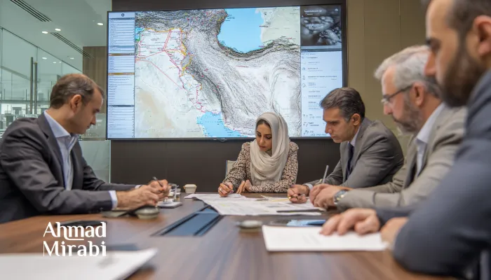 Business analysts examining maps and regional data on Iran’s economic routes during a collaborative decision-making session.