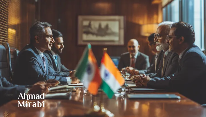 "ईरानी और भारतीय प्रतिनिधिमंडलों के बीच व्यापारिक बैठक, मेज पर भारत और ईरान के झंडों के साथ—अंतरराष्ट्रीय सहयोग और रणनीतिक साझेदारी का दृश्य।"