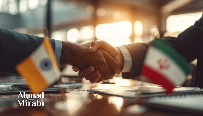 "भारत और ईरान के झंडों के बीच व्यापारिक समझौते के दौरान हाथ मिलाते दो व्यवसायी—साझेदारी, विश्वास और अंतरराष्ट्रीय सहयोग का प्रतीक दृश्य।"