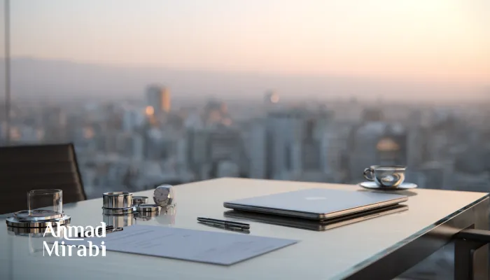 Стол инвестора у панорамного окна с видом на Тегеран на рассвете: ноутбук, документы и кофе — визуальная метафора анализа KPI и принятия инвестиционных решений в Иране.