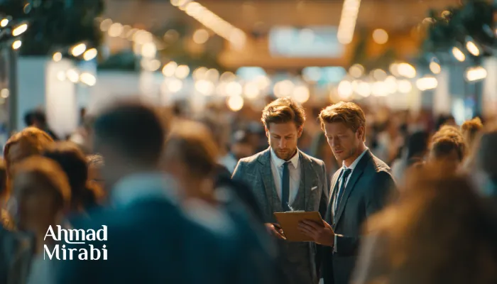 Два бизнес-партнёра на выставке среди потока людей изучают планшет: визуальная метафора того, как отделить реальный спрос на рынке Ирана от информационного шума.