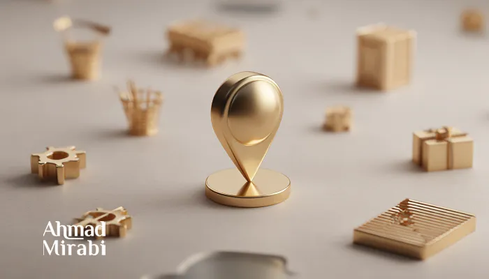 Золотая метка на абстрактной карте среди символов отраслей — визуальная метафора выбора реально прибыльных направлений для российских инвесторов в Иране.