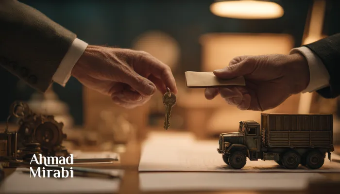 Руки партнёров обмениваются ключом и документом на фоне миниатюрного грузовика — символ доверия, контрактной фиксации и операционной дисциплины в сотрудничестве России и Ирана.